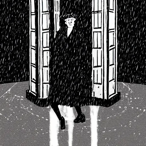 Image similar to Digital illustration of Queen Elizabeth II stepping out of the Tardis on a dark rainy London street, trending on artstation