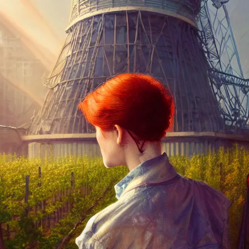 Image similar to red hair girl, chernobyl powerplant, disneyland castle, rubble, flowers, vines, hyperrealistic, highly detailed, cinematic, single ray of golden sunlight, beautiful, cgssociety, artstation, 8 k, oil painting by greg rutkowski, by artgerm, by wlop