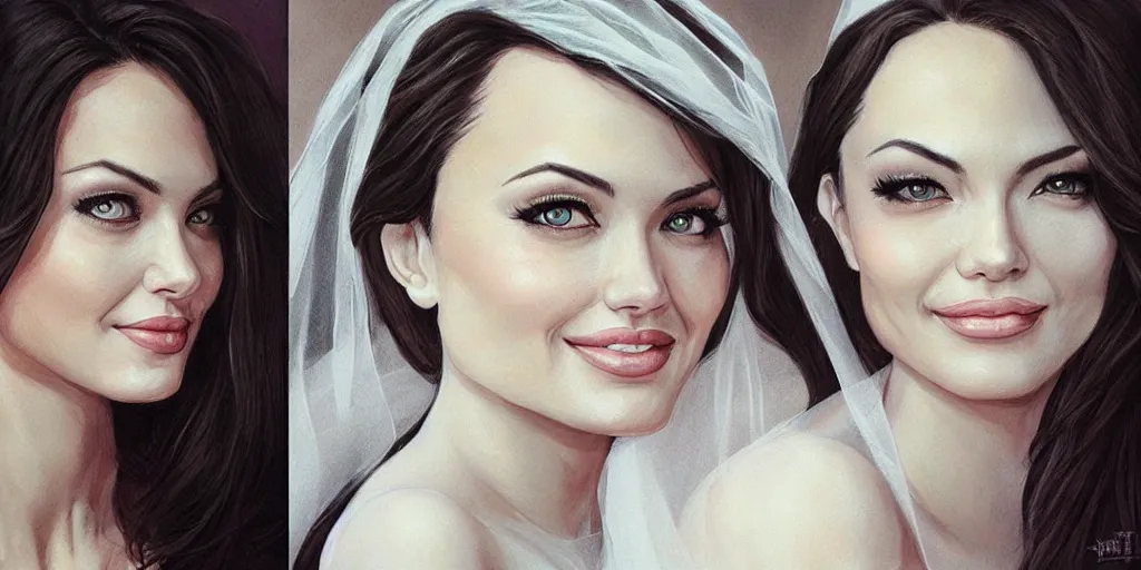 Image similar to Angelina and Margot are getting married, wedding couple portrait by Artgerm