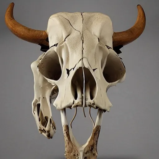 Prompt: a scientific display of a cow skull