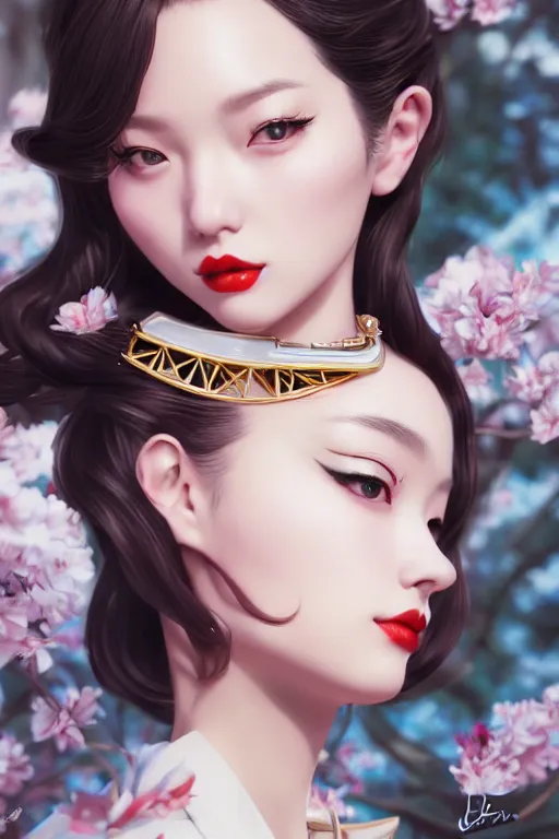 Prompt: a pin up and beautiful fashion and charming and dreamlke japan girl with lv jewelry, art by artgerm & jeehyung lee & wlop, hyperdetailed, 8 k realistic, symmetrical, frostbite 3 engine, cryengine, dof, trending on artstation, digital art, lv, dior