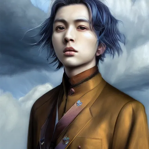 Image similar to a portrait of a young handsome prince with white fringy hair, epic clouds, beautiful landscape, backlit, incredible lighting, strong rim light, highly detailed, digital painting, HDRI, by Heise Jinyao, Heise-Lian Yan Fang, Feimo, Richard Taddei, vivid colors, high contrast, 8k resolution, intricate, realistic anime, trending on artstation