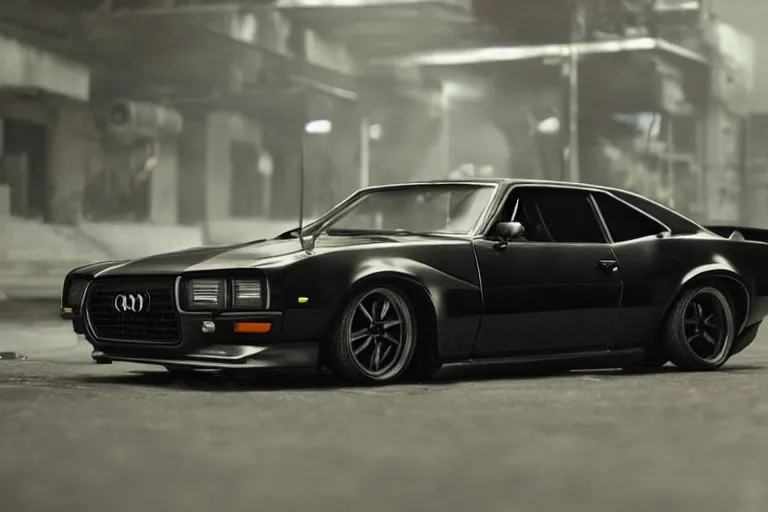 Image similar to widebody all black audi camaro b 1 ( 1 9 6 9 ), need for speed : carbon, at night, sci - fi, neon lines, phonk music background, smoke behind wheels, noise, dark, establishing shot, by simon stalenhag