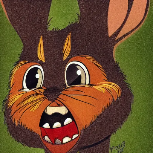 Image similar to A extremely highly detailed majestic hi-res beautiful, highly detailed head and shoulders portrait of a scary terrifying, horrifying, creepy black cartoon rabbit with scary big eyes, earing a shirt laughing, hey buddy, let's be friends, in the art style of Walt Disney