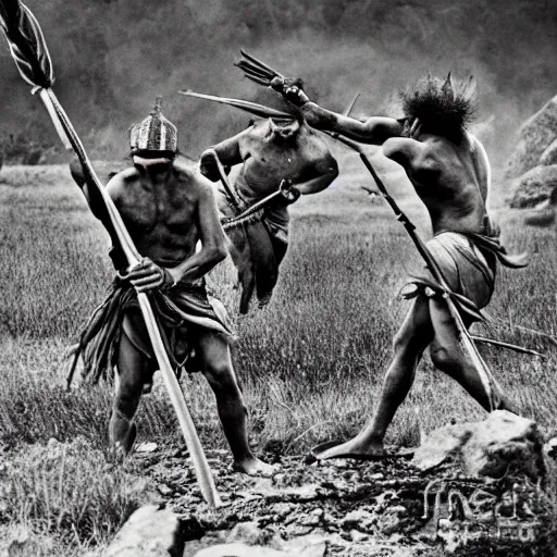 Prompt: war of natives with spears and rocks, realistic photo, nationnal geographic