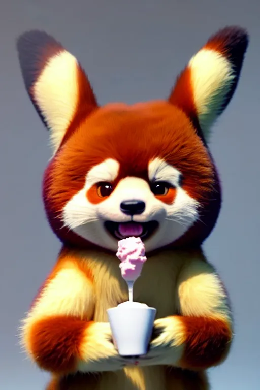 Image similar to high quality 3 d render hyperrealist very cute pastel fluffy red panda & koala hybrid stuffing mouth with ice cream, vray smooth, in the style of detective pikachu, very dramatic light, low angle, uhd 8 k, shallow depth or field