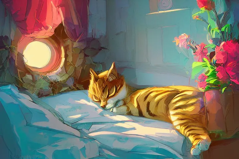 Image similar to a digital art of a cat sleeping in the room with flowers around in the afternoon, the sun shines in, animal, light effect, highly detailed, by anton fadeev