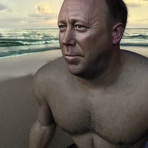 Image similar to hyperrealistic mixed media image of alex jones from info wars posing on a beach wearing a tutu, stunning 3 d render inspired art by istvan sandorfi and greg rutkowski, perfect facial symmetry, realistic, highly detailed attributes and atmosphere, dim volumetric cinematic lighting, 8 k octane extremely hyper - detailed render, post - processing, masterpiece,