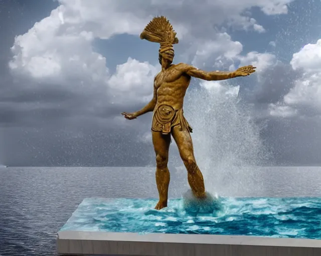 Prompt: a giant abstract sculpture of a legendary greek warrior god on the water, in the style of robert gober, award winning, cinematic, hyper - realistic, very detailed, realistic water splashes, ray tracing, 8 k resolution, long - shot, sharp focus, low angle, 8 5 mm photograph, wide lens