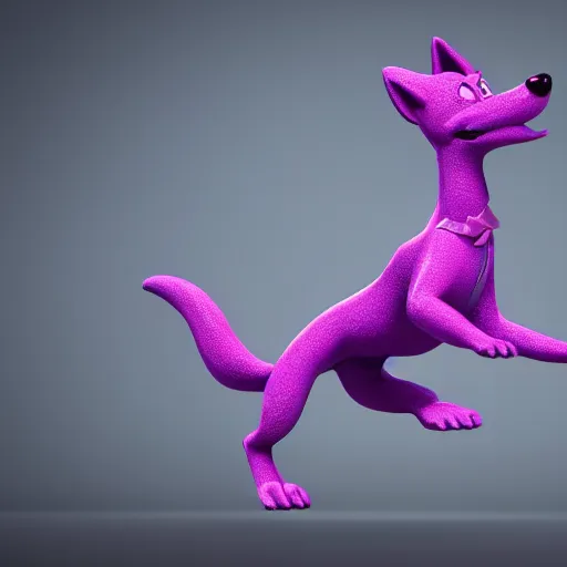 Image similar to a beautiful 3d render of a purple dog dancing, in the style of disney, comic book style, the dog is doing a ballet dance, highly detailed, 8k resolution