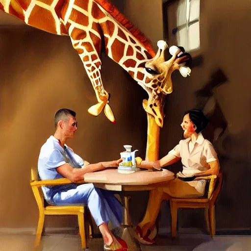 Image similar to a giraffe astronaut drinking tea with queen isabel, trending on artstation, art by greg manchess, guangjian, detailed digital art, artstation hd