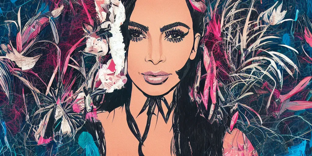 Prompt: kim kardashian on a coachella stage in the style of a slipknot album cover, minimal art style, highly detailed, intricate, digital painting, artstation, 3 5 mm film grain