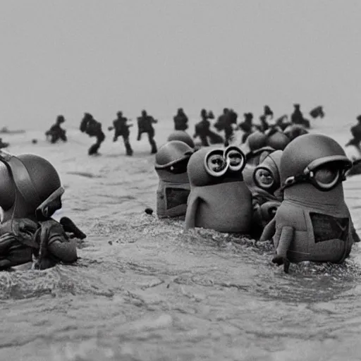 Image similar to “minions landing on D-Day, 4k, award winning”