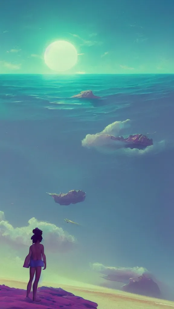 Image similar to beach horizon view of the ocean on an alien planet, vaporwave ocean, planet in space over the horizon, trending on artstation, digital art by beeple
