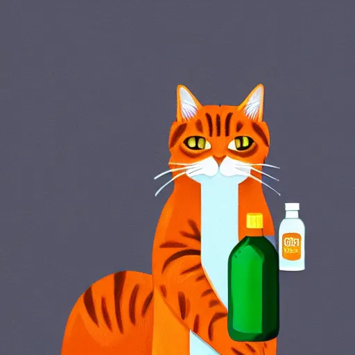 Prompt: a cat standing next to a bottle of medicine. orange cat. animal. digital art. artstation. illustration. wide image.