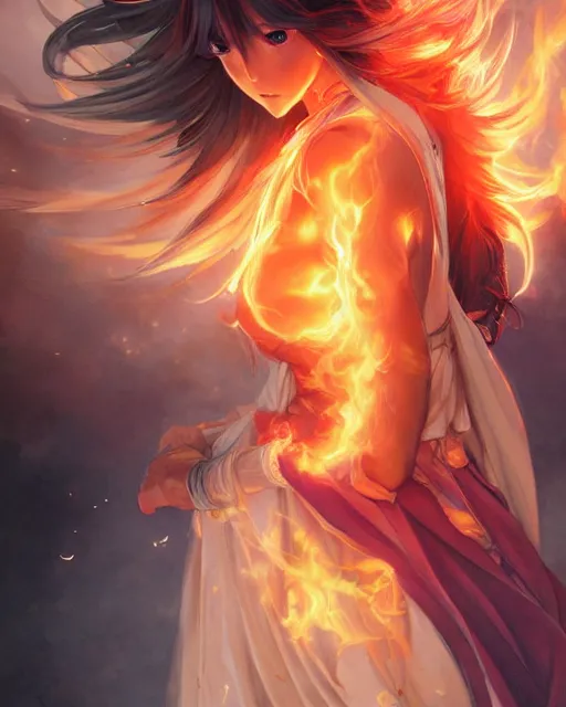 Image similar to beautiful long haired anime girl, fire dress, portrait, flames everywhere, highly detailed, digital painting, artstation, concept art, smooth, sharp focus, illustration, art by artgerm and greg rutkowski and alphonse mucha