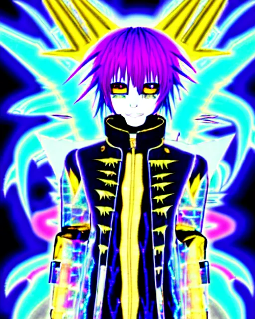 Prompt: a hologram of rimuru tempest with golden yellow eyes and sky blue hair, wearing a gothic spiked jacket, holography, irridescent, baroque visual kei decora art