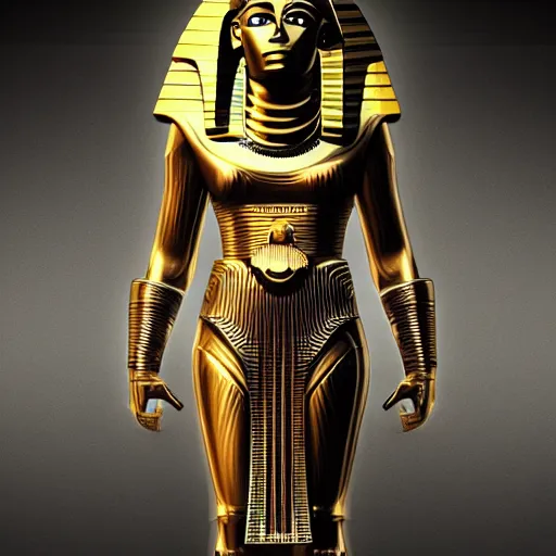 Image similar to a character in an egyptian themed futuristic metal suit, super hero, armor, sleek, beautiful face, cinematic pose, sci - fi art