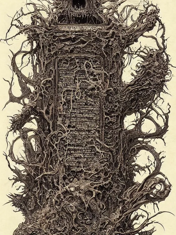 Image similar to A horror illustration design of a Necronomicon from hell revealing the fate of mankind,by James Jean and M.W.kaluta and james c. christensen and aaron horkey and peter gric,trending on pinterest,medieval,ossuary,rococo,fractalism,maximalist,glittering,feminine