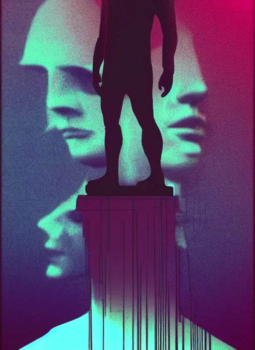 Image similar to statue of david, beeple, vaporwave, retrowave, tonal separation, black background, glitch, strong contrast, pinterest, trending on artstation