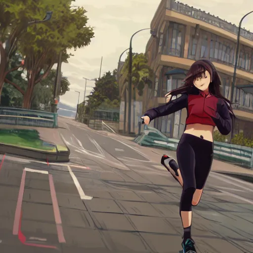 Image similar to anime style, gta 5, girl is running, happy face, red sport clothing, marathon race, brown short hair, hair down, symmetrical facial features, from arknights, hyper realistic, rule of thirds, extreme detail, 4 k drawing, safebooru, realistic lighting, by alphonse mucha, greg rutkowski, sharp focus, backlit
