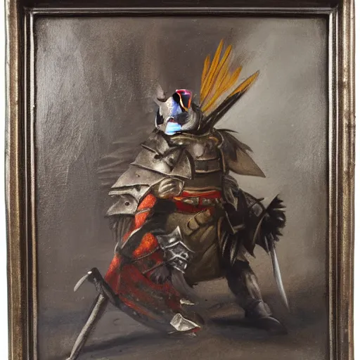 Prompt: A rat warrior wearing an armor with a spear, oil painting