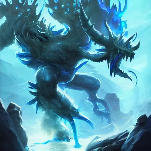 Prompt: water monster spirit blue shadow fiend from dota 2, dnd style, epic fantasy game art, by Greg Rutkowski, hearthstone artwork