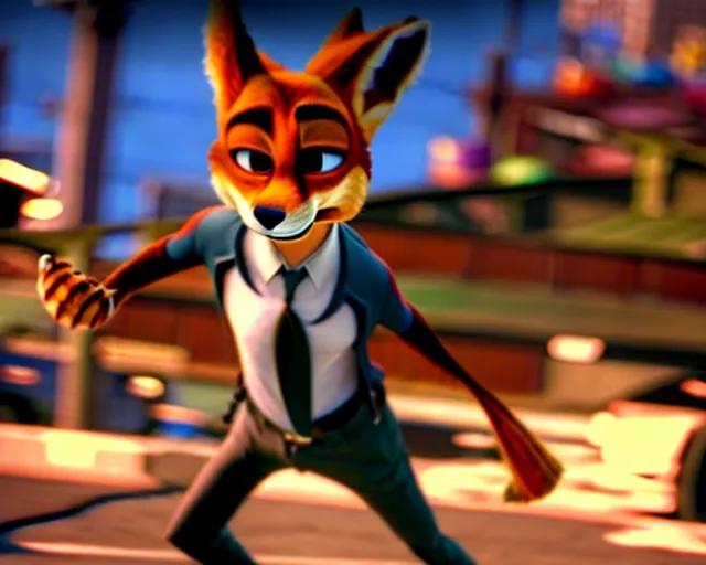 Image similar to nick wilde as max payne 3 set in gritty neo - noir zootopia, battle through the favela / furvela