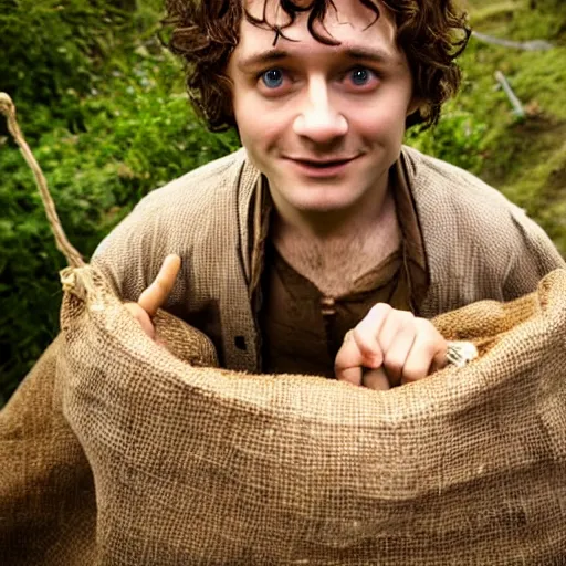 Prompt: frodo from lord of the rings in a burlap sack of potatoes, photography, realistic, mid shot, in his hobbit home