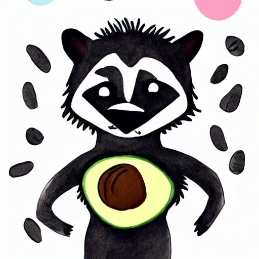 Image similar to children's book style illustration of a grumpy raccoon eating an avocado