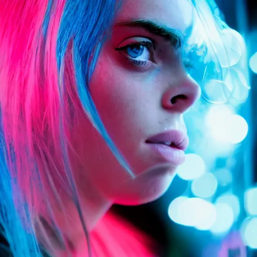 Image similar to beautiful billie eilish in the street, explosion of neon lights, close up, 5 0 mm lens, model photography detailed realistic