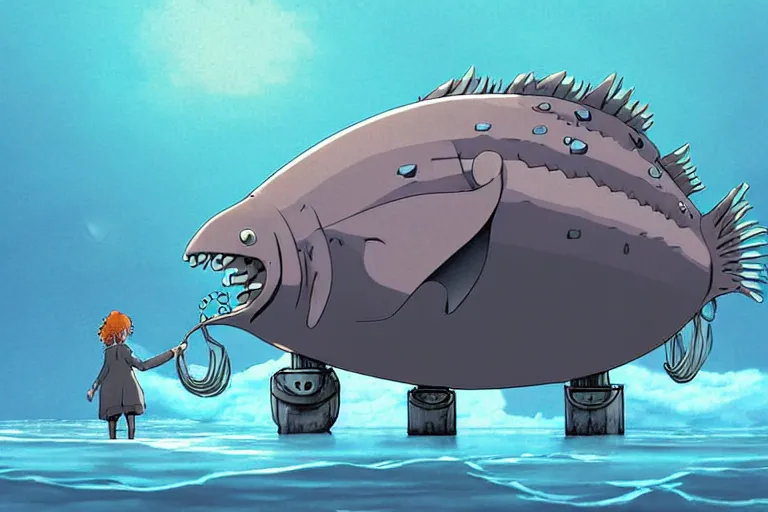 Prompt: cell shaded cartoon of a giant lovecraftian mechanized grey sunfish from howl's moving castle ( 2 0 0 4 ), in an icy river, full body, wide shot, very muted colors, post grunge, studio ghibli, highly detailed, deviantart, art by artgem