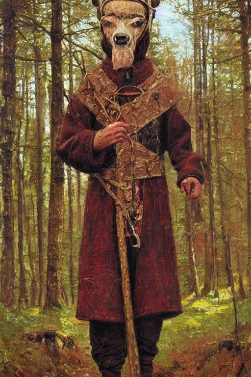 Image similar to slavic dog head man, woolen torso in medieval clothes, walking in the forest, orthodox saint christopher, painting by whimmy, oil painting, painting by viktor vasnetsov, concept art, hyperrealism, beautiful, high resolution, trending on artstation,