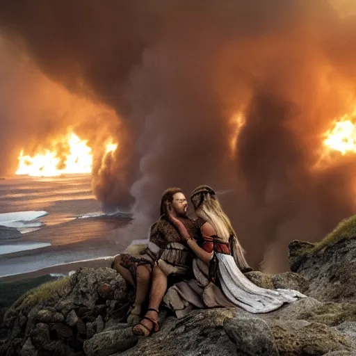 Image similar to romantic meeting on a cliff between a Viking king and a Valkyrie above a burning ocean of war, By Emmanuel Lubezki