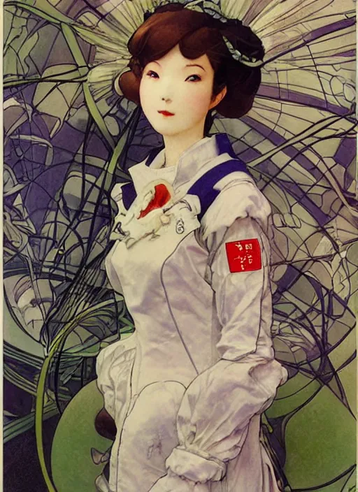 Image similar to a copic maker art nouveau portrait of a japanese anime girl detailed features wearing weeding puffy dress and a pilot suit designed by balenciaga by john berkey, norman rockwell akihiko yoshida