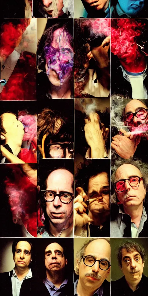 Image similar to award winning photo of todd solondz charlie kaufman larry david syd barret john zorn mike patton smoking, vivid colors, scary, symmetrical face, beautiful eyes, studio lighting, wide shot art by Sally Mann & Arnold Newman