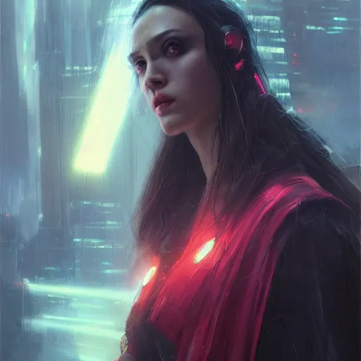 Image similar to scarlet witch cyberpunk, oil painting, Tooth Wu, Greg Rutkowski, RPG portrait, dynamic lighting, fantasy art, High contrast, depth of field