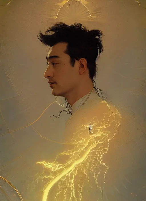 Image similar to JOJI wearing a luxurious suit with lighting and Thunder coming out of him, posing, sigma male, close up, interstellar backdrop, portrait art by alphonse mucha and greg rutkowski, highly detailed, digital painting, concept art, illustration, dim lighting with twilight rays of sunlight, trending on artstation, very detailed, smooth, sharp focus, octane render, close up