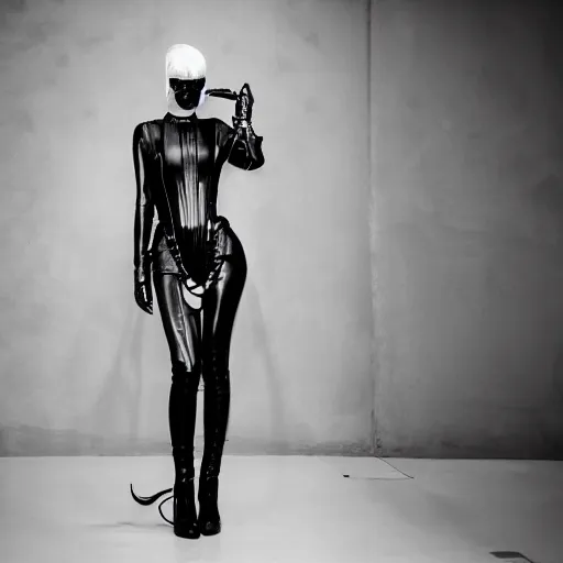 Image similar to fashion photography of an extraterrestrial model, holding a leather whip, wearing demobaza fashion, inside berghain, berlin fashion, harness, futuristic fashion, dark minimal outfit, photo 3 5 mm leica, hyperdetail, berghain, 8 k, very detailed, photo by nick knight