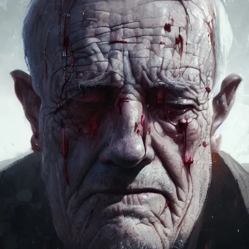 Image similar to close-up, symmetrical, portrait of an old man, bruised, scarred, marvel art, art by greg rutkowski, matte painting, trending on artstation