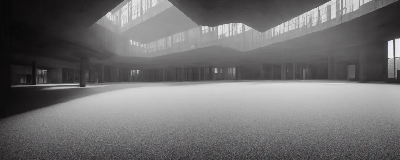 Prompt: realistic interior of a brutalist architecture building, blurred silhouettes walking to the horizon in the distance, Godrays at sunset, hard shadows, volumetric fog, Hyper realistic film photography, Zeiss 14mm f1.8, Hasselblad, insanely detailed, sharp focus