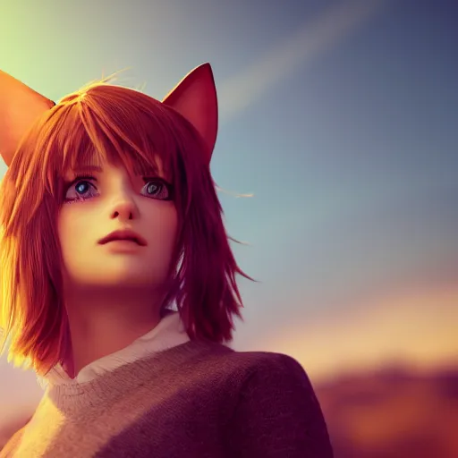 Prompt: pretty cat - boy posing in front of plains + beauty + warm light from behind + bright green eyes + auburn hair + cat ears + large well - defined eyelids + artstation + octane render + cinematic color grading + muted colors + soft light + rule of thirds + like a professional model + cinematic + 8 k + 3 d render + 3 5 mm