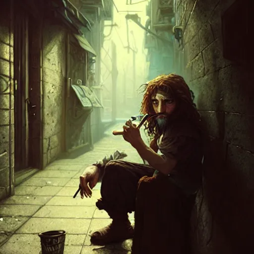 Prompt: Drug addict hobbit smoking crack in a dark alley, ultra realistic, concept art, intricate details, dark, highly detailed, photorealistic, octane render, 8k, unreal engine, art by artgerm and greg rutkowski and alphonse mucha