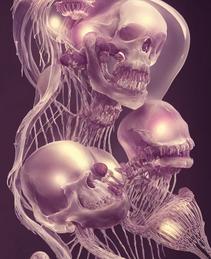 Image similar to goddess close - up portrait human skeleton, ram skull, jellyfish, orchid, betta fish, bioluminiscent, intricate artwork by tooth wu and wlop and beeple. octane render, trending on artstation, greg rutkowski very coherent symmetrical artwork. cinematic, hyper realism, high detail, octane render, 8 k