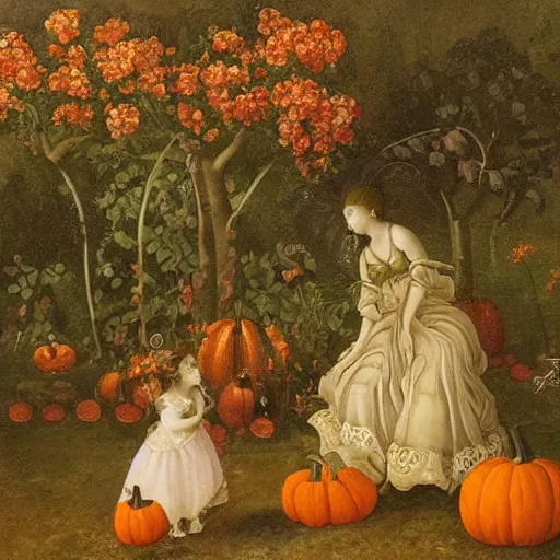 Prompt: blood orange, pumpkin orange by lorenz hideyoshi. a whimsical garden scene. in the drawing, a young girl can be seen playing among the flowers & trees, while a fairy watches over her.