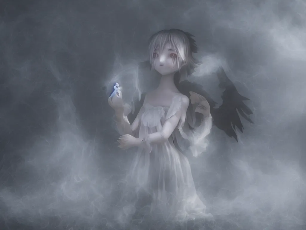 Prompt: cute fumo plush girl ghost in the haze of the murky river, smoke and volumetric fog, tattered gothic horror maiden, fallen angel, lens flare light shafts, light and shadow, vray