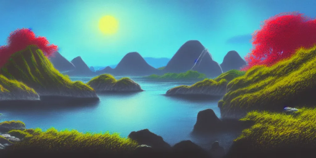 Prompt: a landscape pastel in the style of noriyoshi ohrai and bob ross of rocky islands, dawn. key art. 4 k fantasy