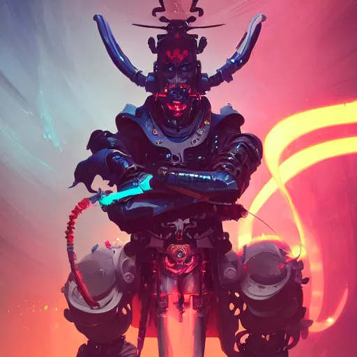 Prompt: a portrait of a cybernetic demonic samurai, cyberpunk concept art by pete mohrbacher and guweiz and wlop and artgerm and josan gonzalez and syd mead, digital art, highly detailed, intricate, sci - fi, sharp focus, trending on artstation hq, deviantart, unreal engine 5, 4 k uhd image