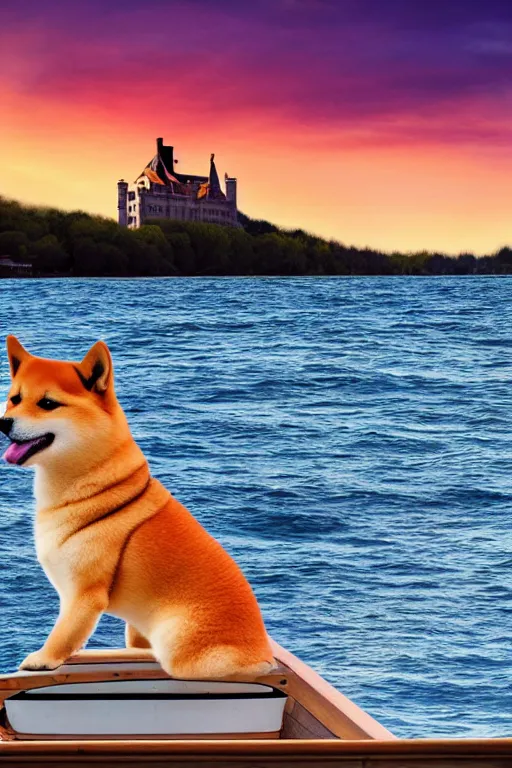 Image similar to a shiba inu in a boat sailing in the sea alone, with a castle in the background, sunset, epic, dramatic, realistic, 4k