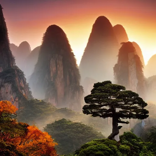 Image similar to huangshan with levitating stones in zero gravity, no trees, ancient redwood forest, taoist temples and monks, artwork by ansel adams, andreas rocha, artstation, scifi, hd, wide angle, viewed from within a stone grotto, autumnal, sunset